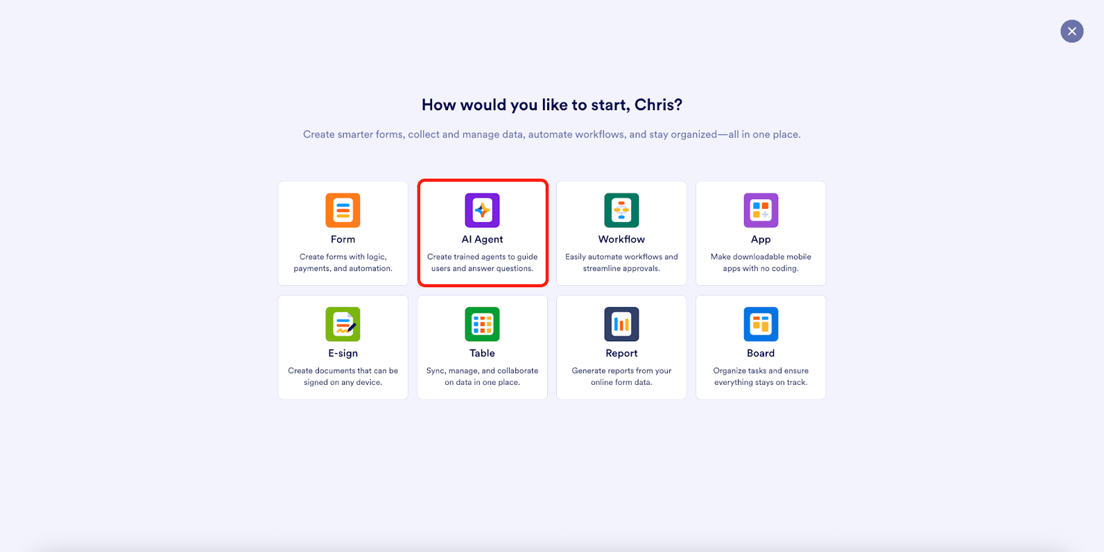 Selecting the AI Agent option on the Jotform My Workspace page