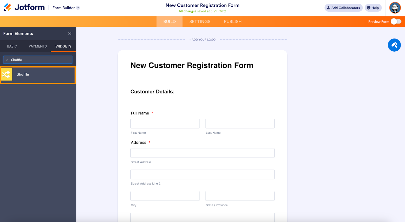 Jotform interface with "Shuffle" highlighted in the "Widgets" tab