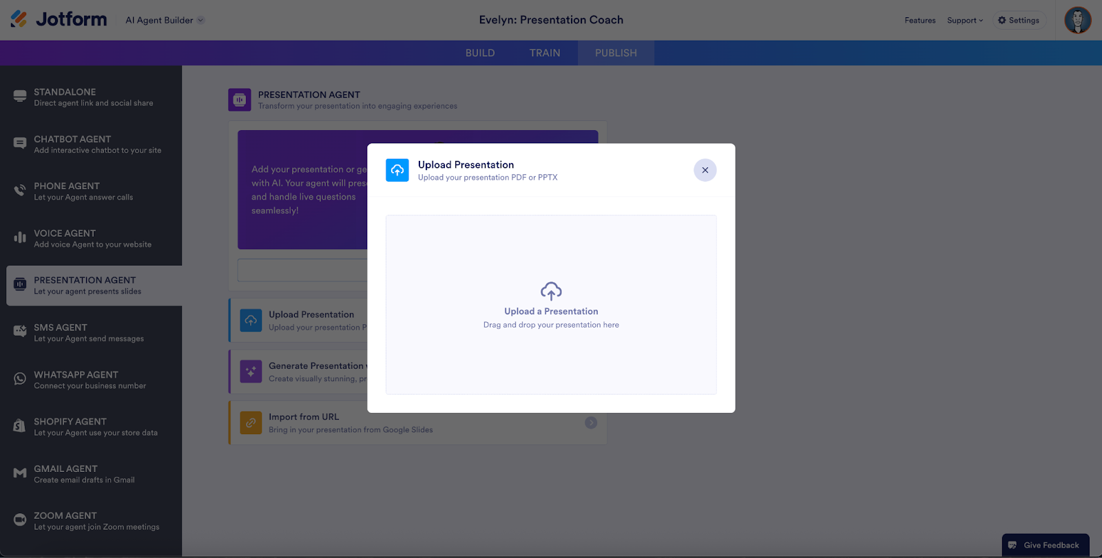 Viewing the Upload Presentation window on the AI Agent Builder