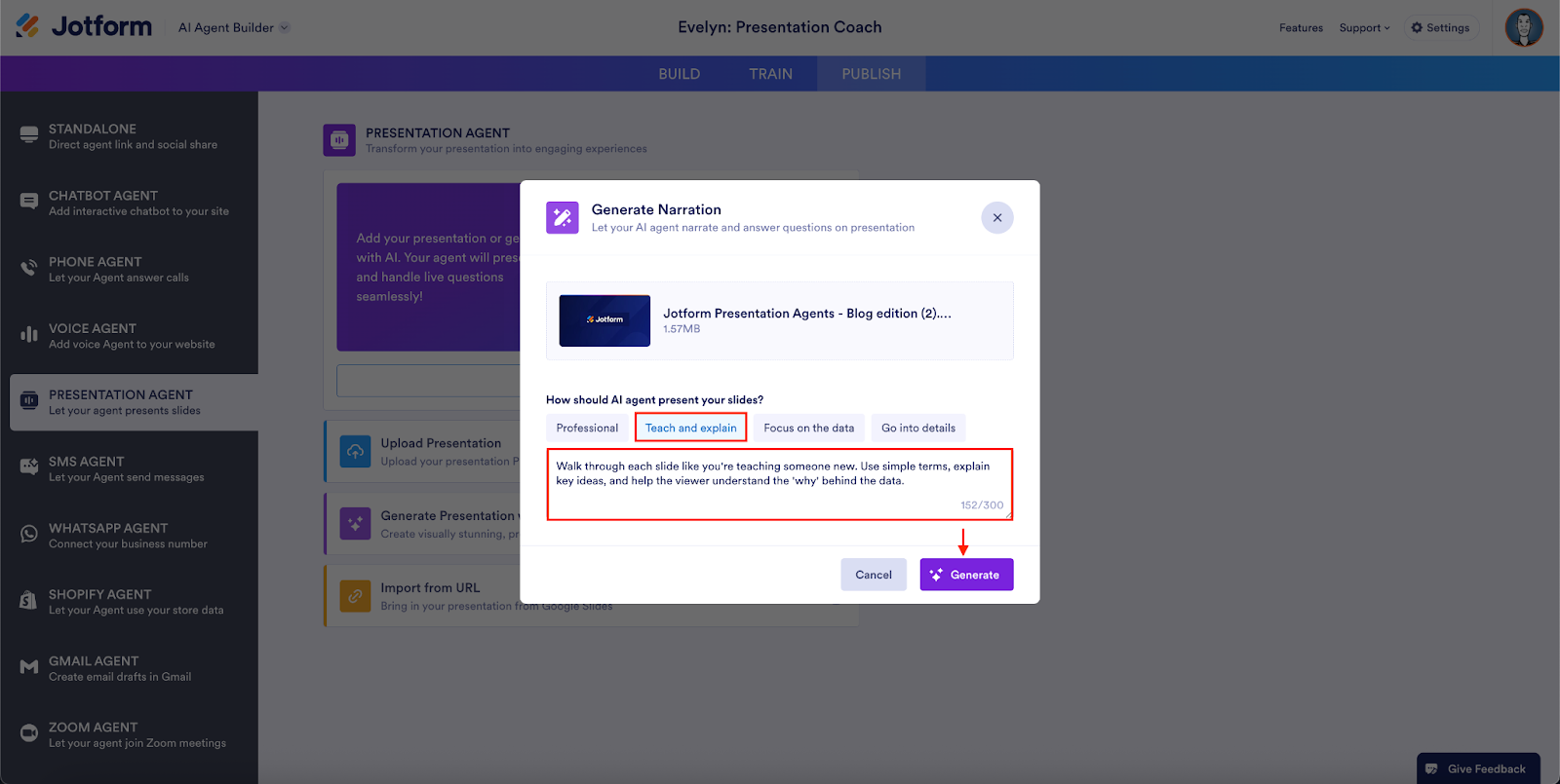 Clicking on the Generate button on the Generate Narration Window