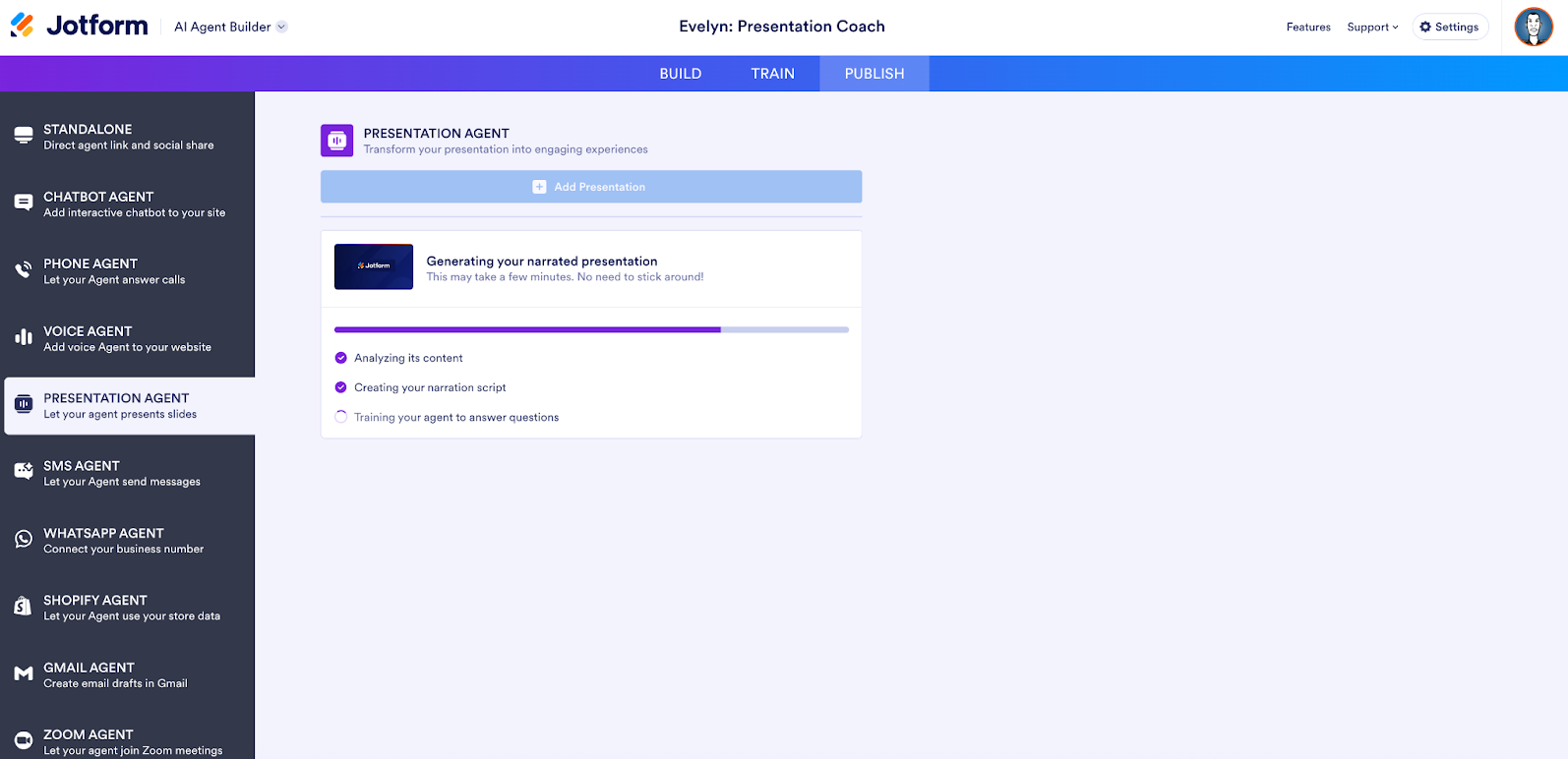 Viewing the AI platform of the Jotform Presentation Agent 