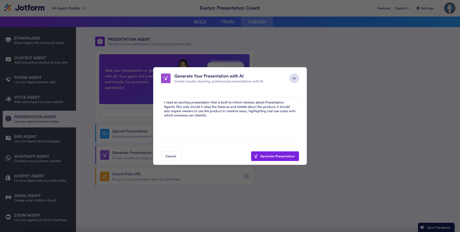 Viewing the Generate Your Presentation with AI window on Jotform AI Agent Builder