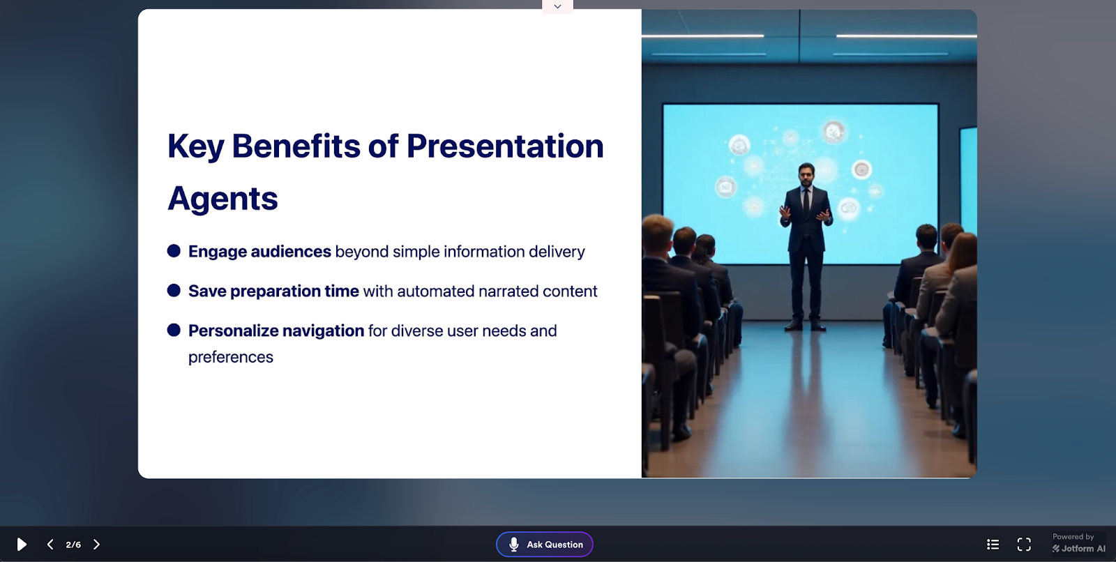 Viewing the Presentation made by the Jotform Presentation Agent displaying the slide with the title of "Key Benefits of Presentation Agents"