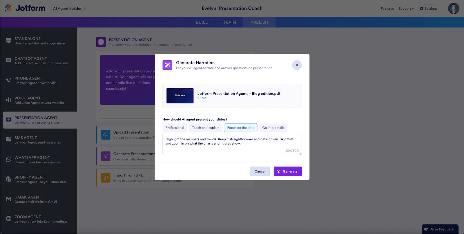 Clicking on the Generate button on the Generate Narration window on Jotform Presentation Agent