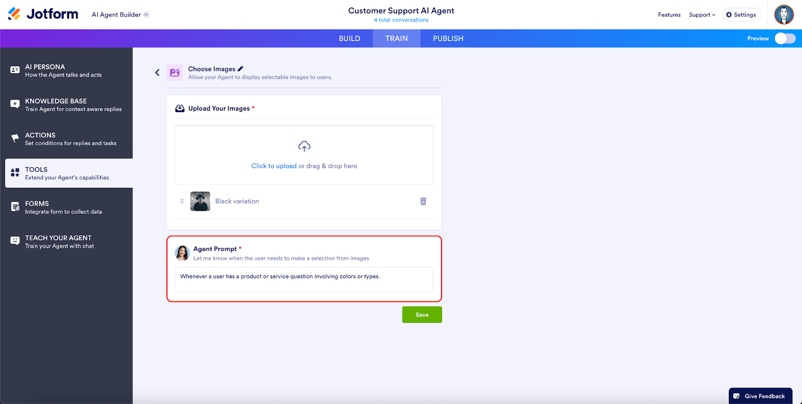 Highlighting the Agent Prompt option on the Train tab of the Jotform AI Agents