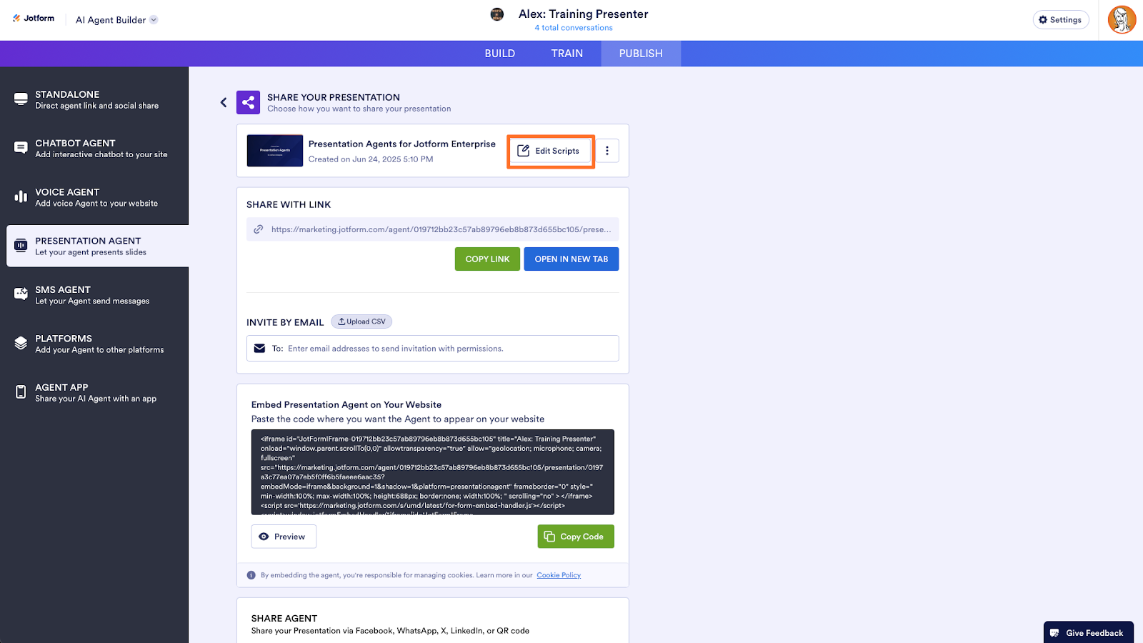 Clicking on the Edit Scripts on the Share Your Presentation tab