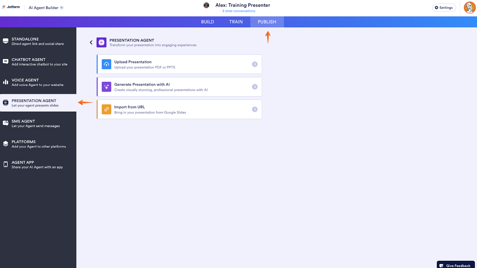 Clicking on the Publish tab, then on the Present Agent option on the Jotform AI Agent Builder