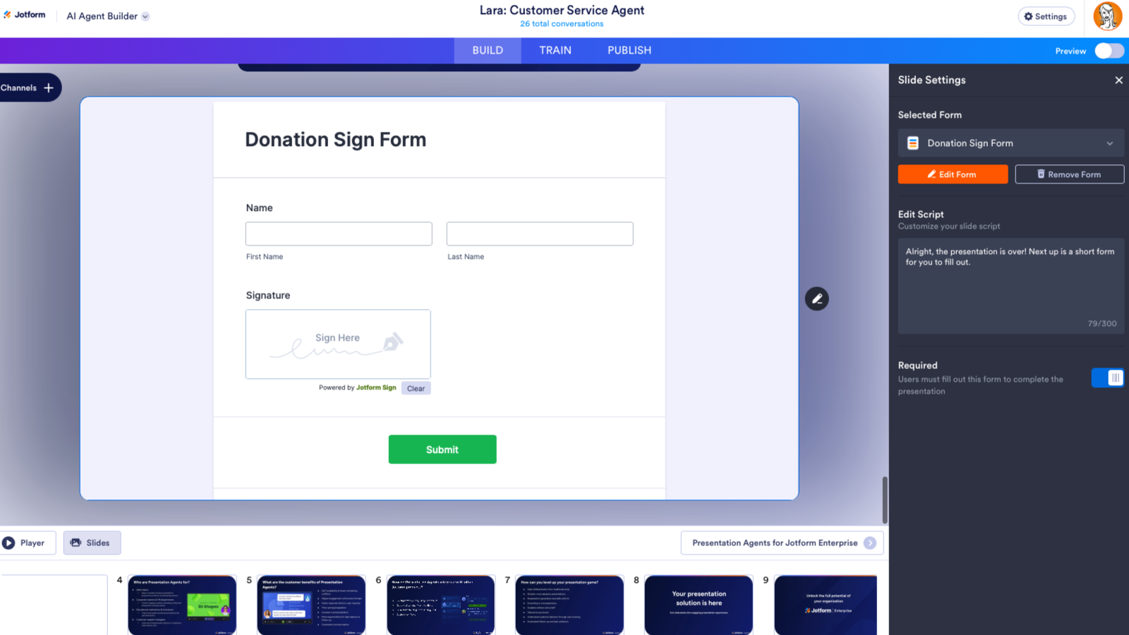 Adding a form to the presentation on Jotform AI Agent Builder