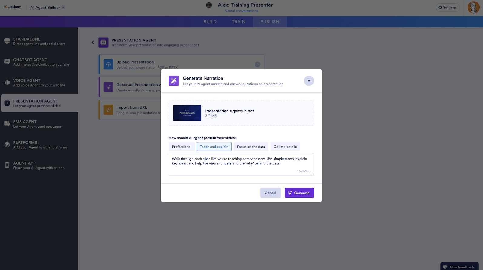 Generate Narration window on the Presentation Agent tab