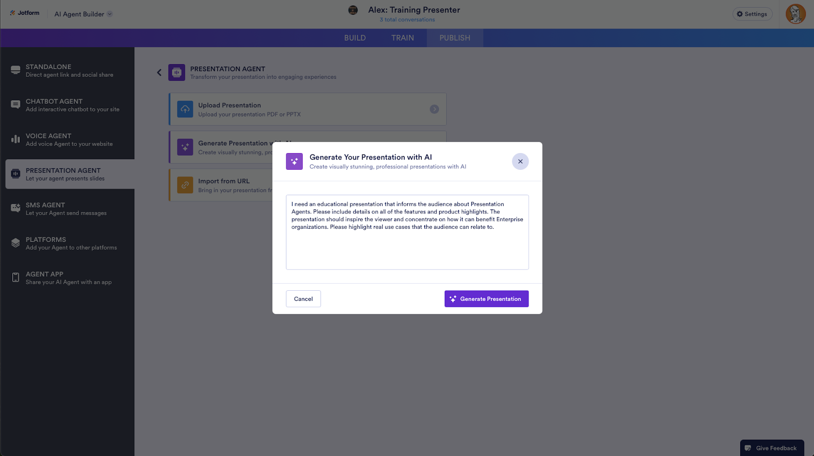 Generate Your Presentation with AI window on the Jotform AI Agent Builder