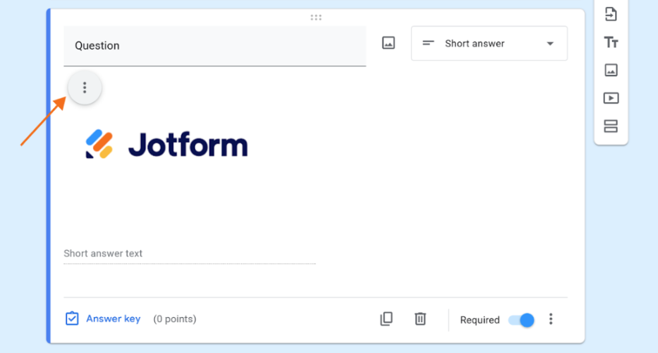 Screenshot of a Google Form; arrow points to the image options button on an inline image