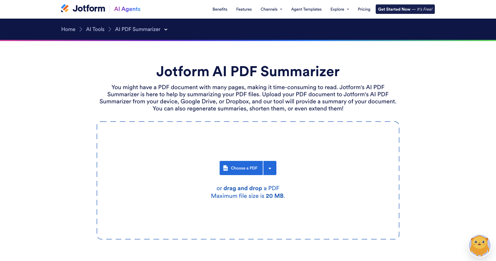 Jotform AI PDF Summarizer Landing Page