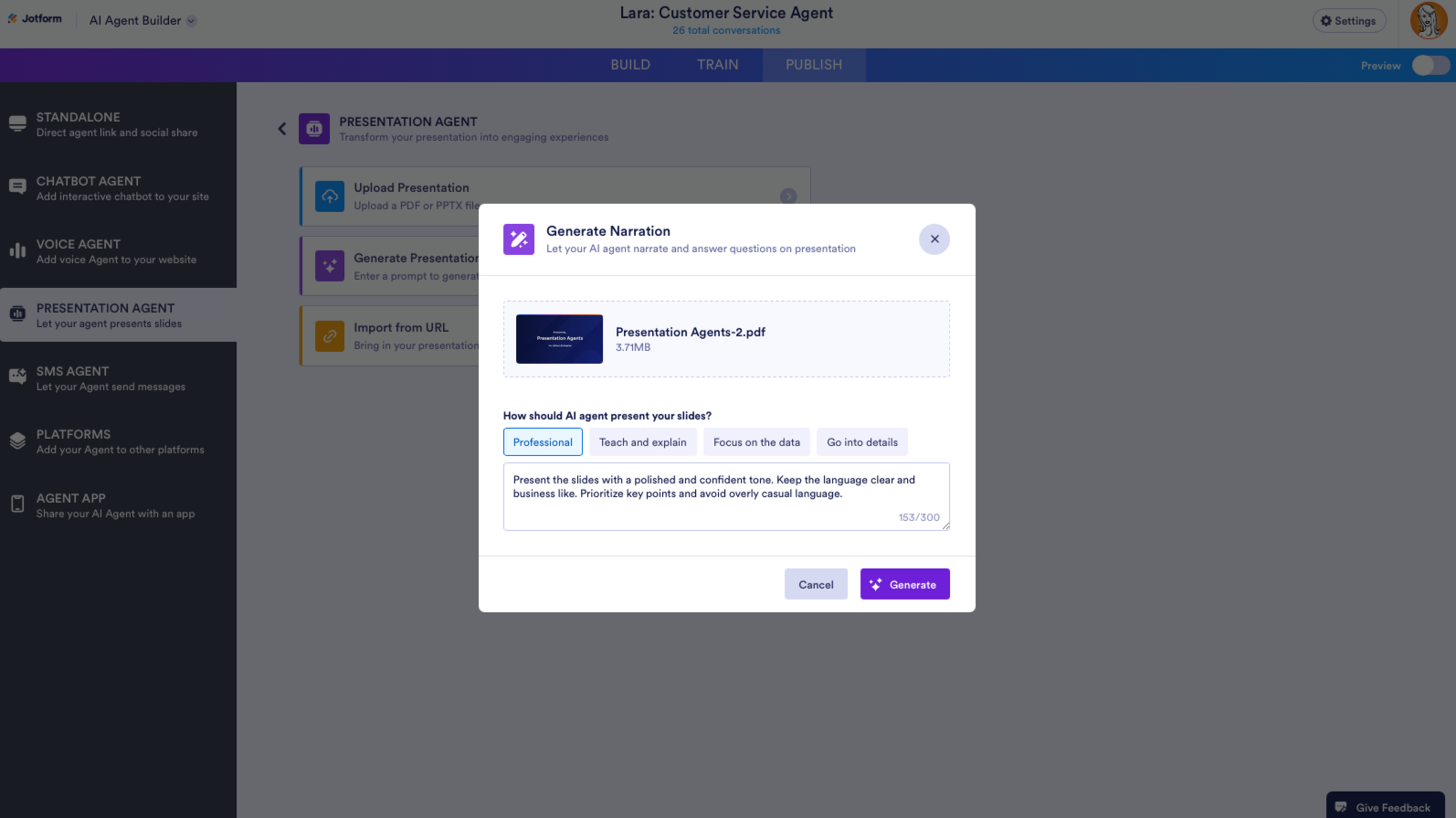 Generate Narration window on the Jotform AI Agent Builder