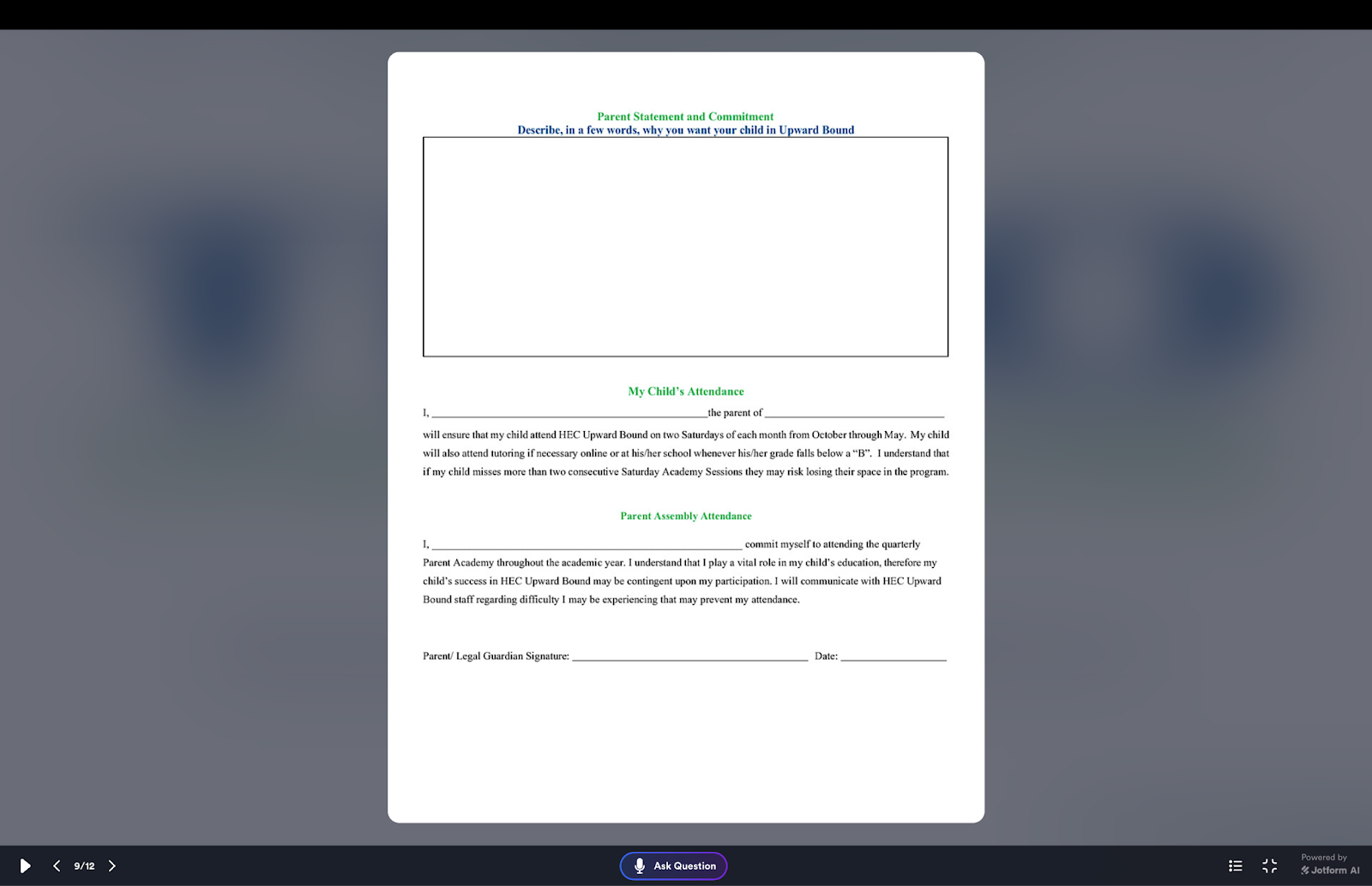 Parent Statement and Commitment document viewed at the end of the presentation in Jotform Presentation Agent