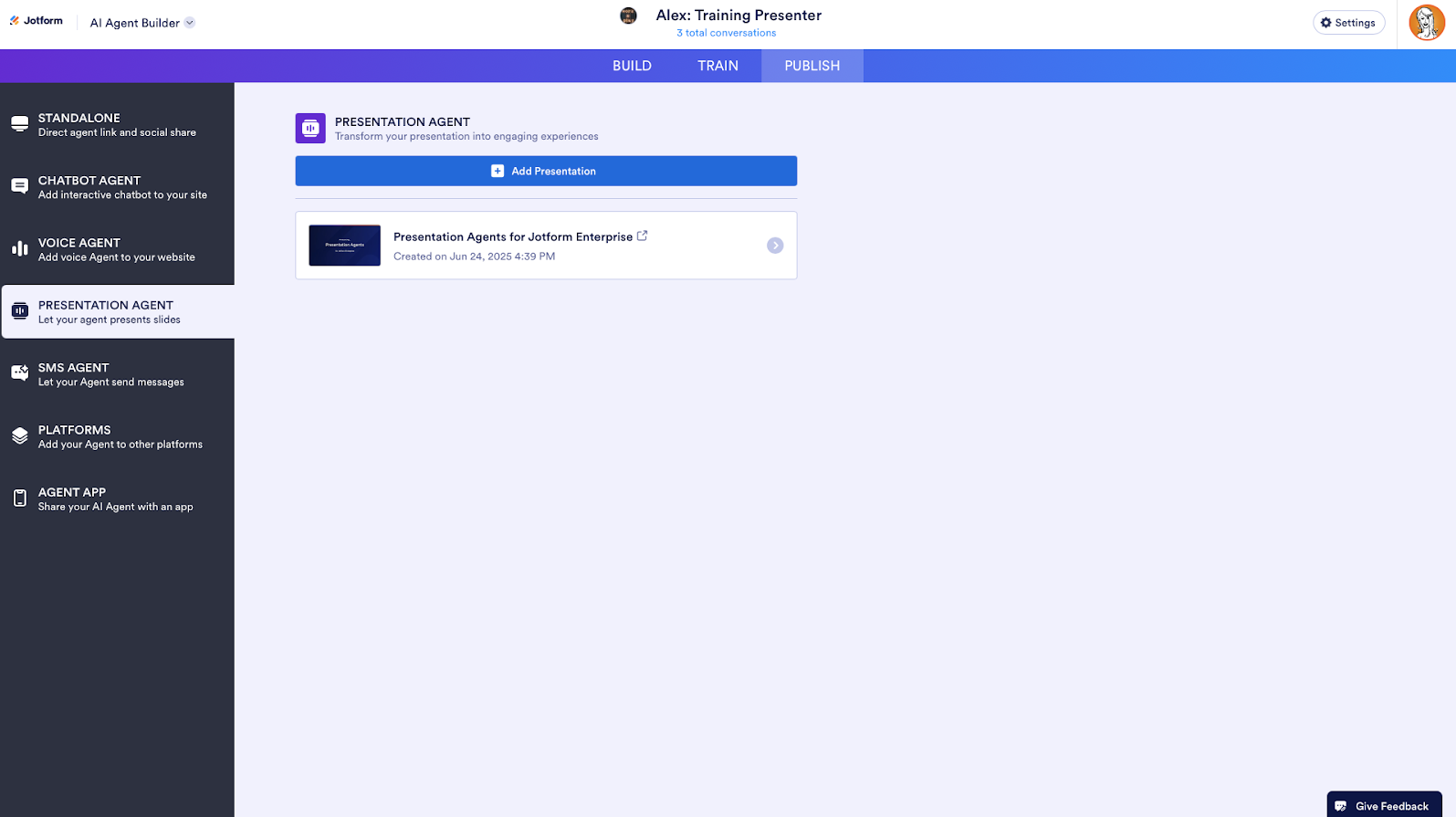 Presentation Agent tab on the Jotform AI Agent Builder