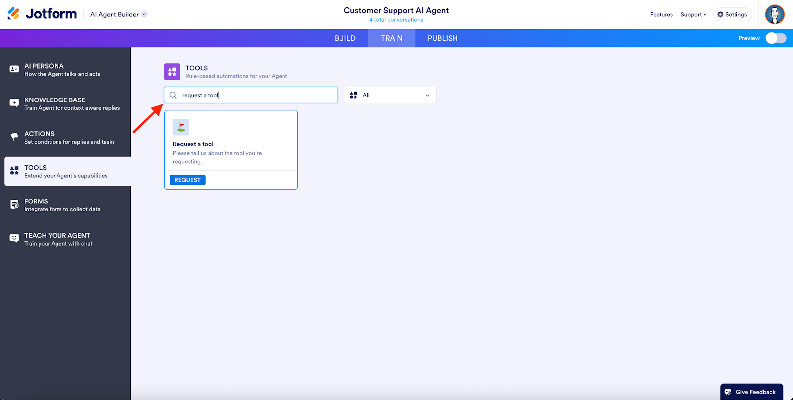 Viewing Request a Tool option under Tools tab