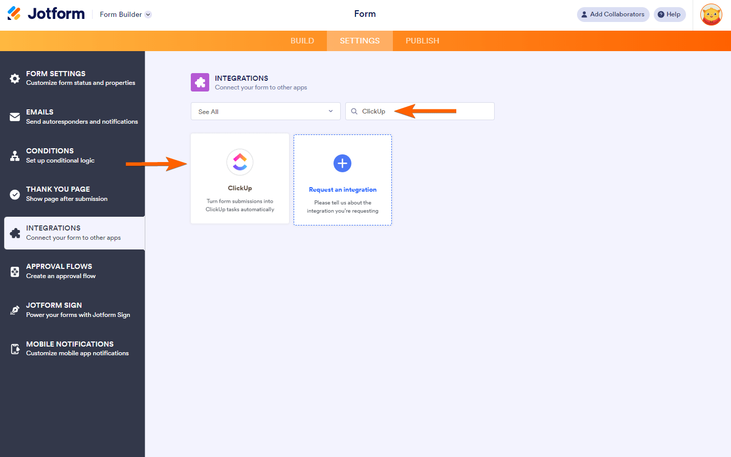 Jotform interface showing the integration page of an example form, with arrows pointing to the search bar and the ClickUp integration