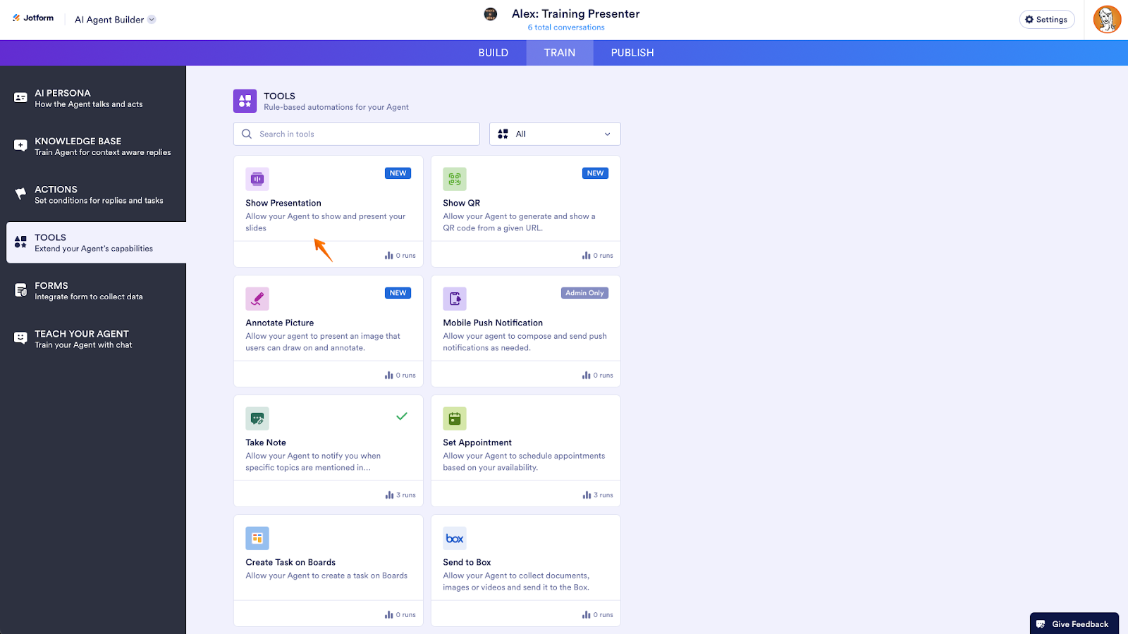 Clicking on the Show Presentation tab on the Tools tab on Jotform AI Agent Builder