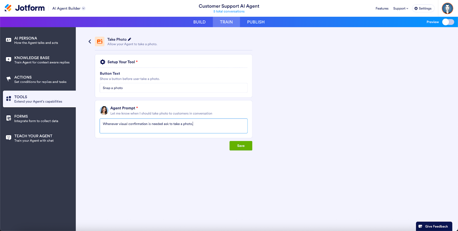 Viewing the Take Photo Features on the Tools tab on the Jotform AI Agent Builder