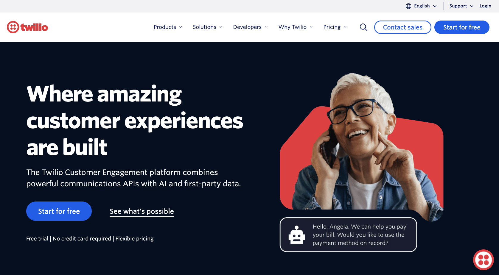 Screenshot of Twilio landing page, showing a headline "Where amazing customer experiences are built