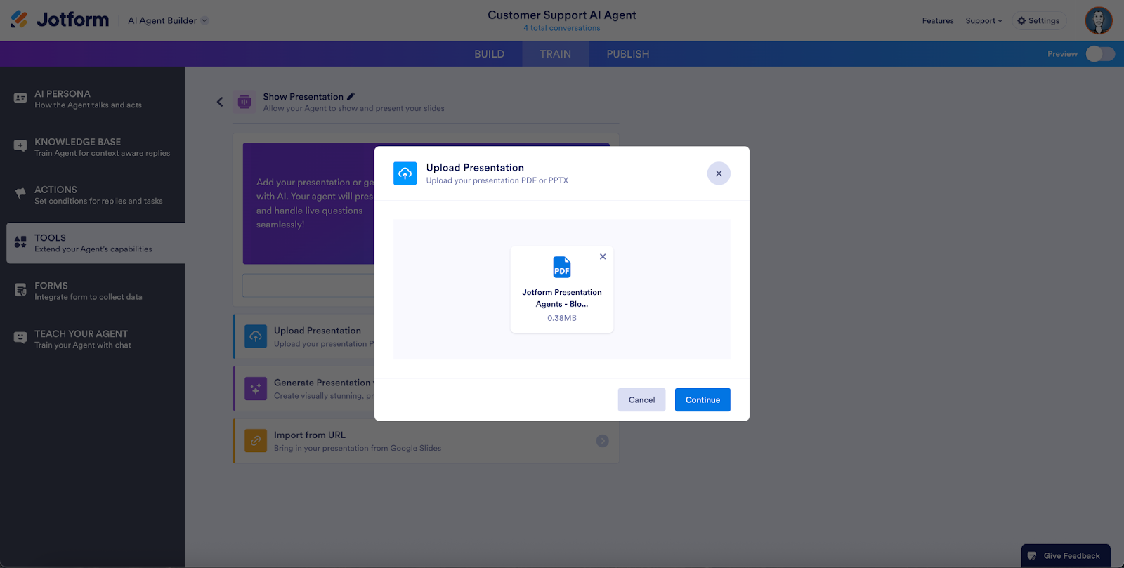 Viewing the Upload Presentation window on Jotform AI Agent Builder