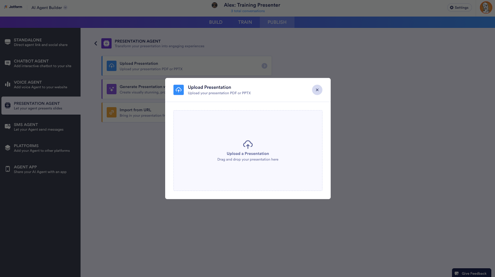 Upload Presentation window on the Presentation Agent tab