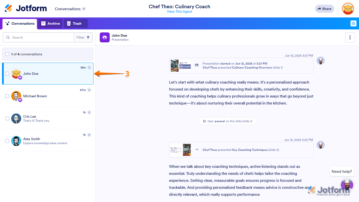 Selecting a conversation from the AI Agent Presentation in the Conversations Inbox tab in Jotform
