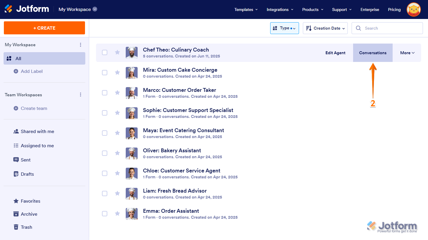 Clicking Conversations to view chat history with a specific agent in Jotform My Workspace