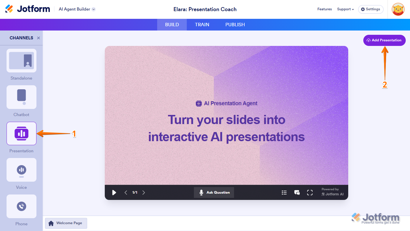 Clicking Add Presentation in the Presentation channel of Jotform Agent Builder
