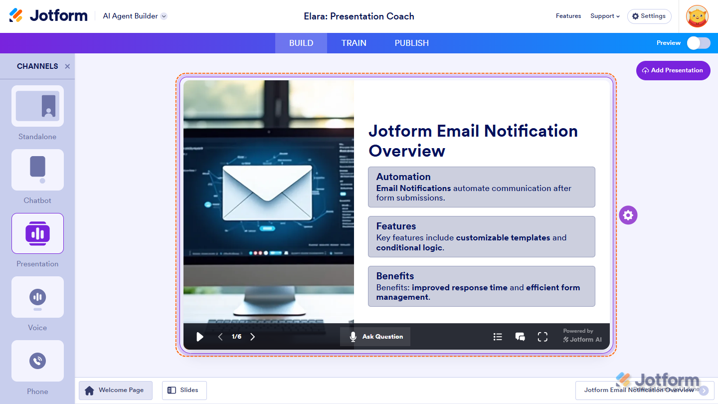 Presentation Agent successfully created in Jotform and ready to share or embed
