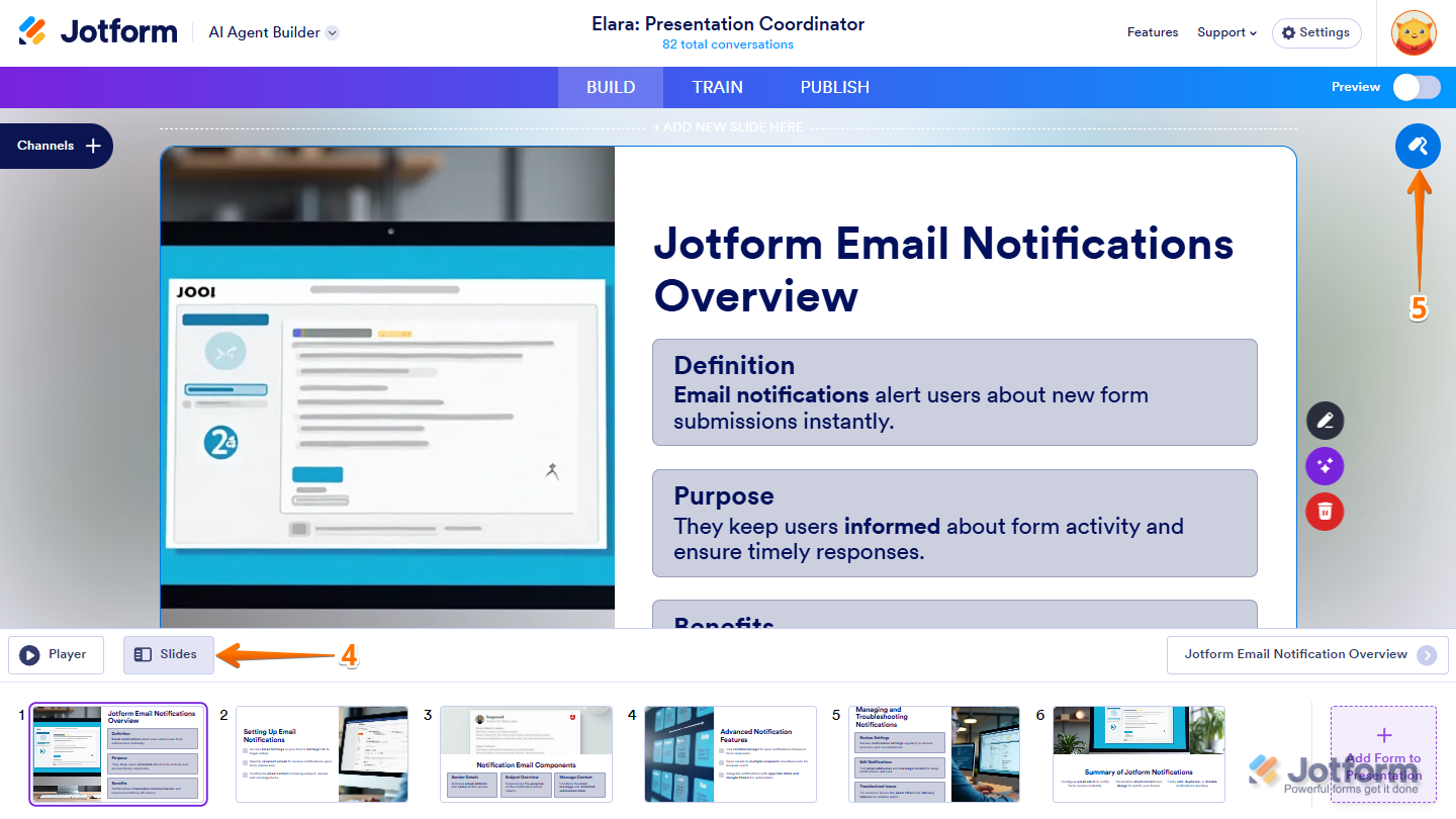 Clicking the Paint Roller icon in the Slides section to customize slide design in Jotform Presentation Agent