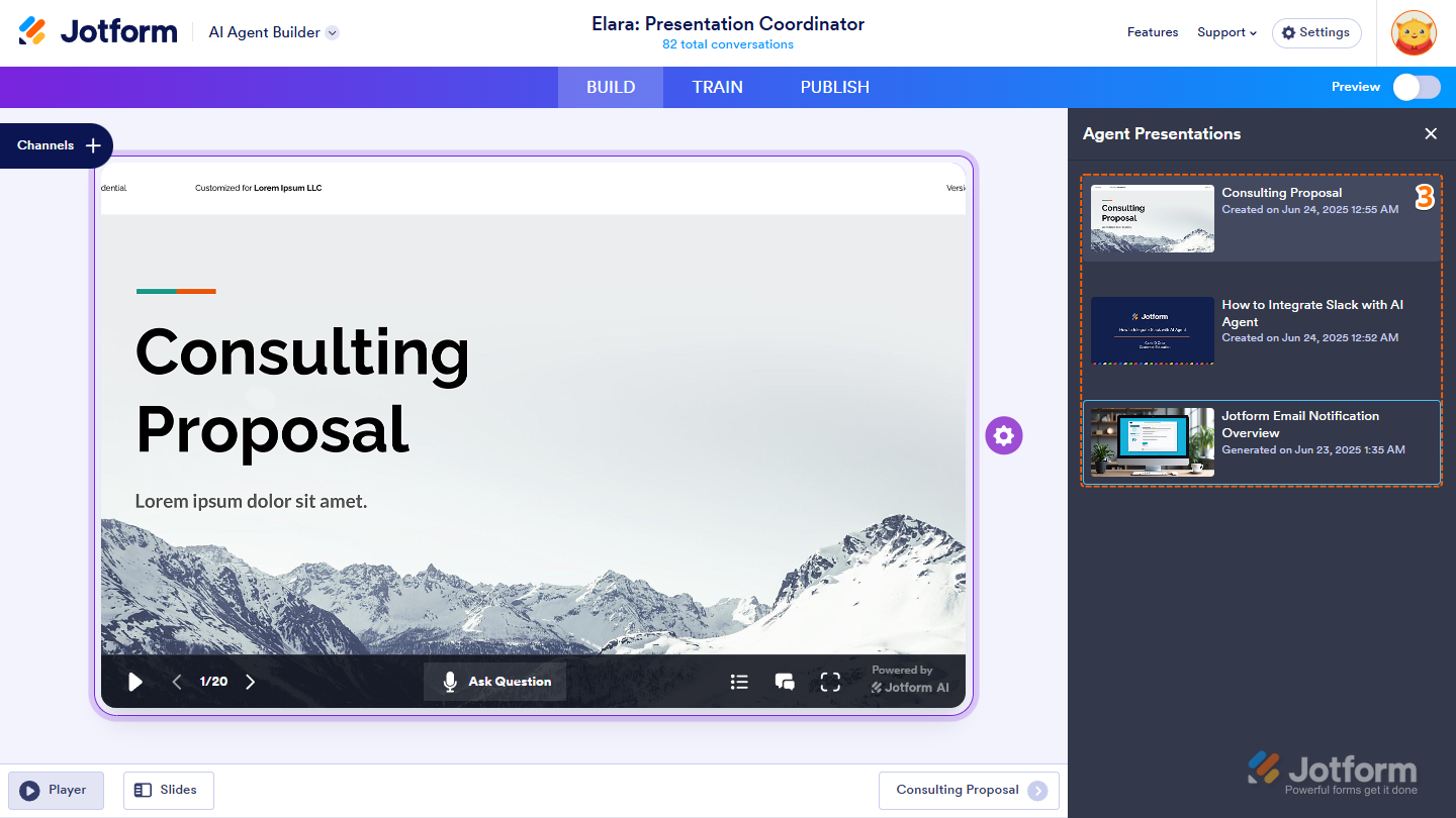 Selecting an AI-generated presentation in the Agent Presentations window in Jotform