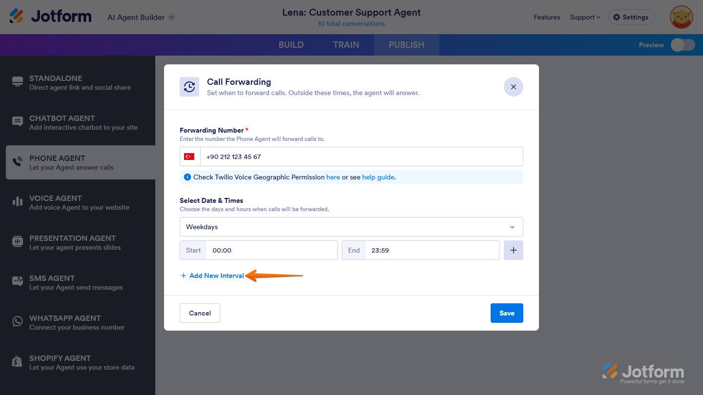 Clicking Add New Interval to set additional call forwarding times in Jotform