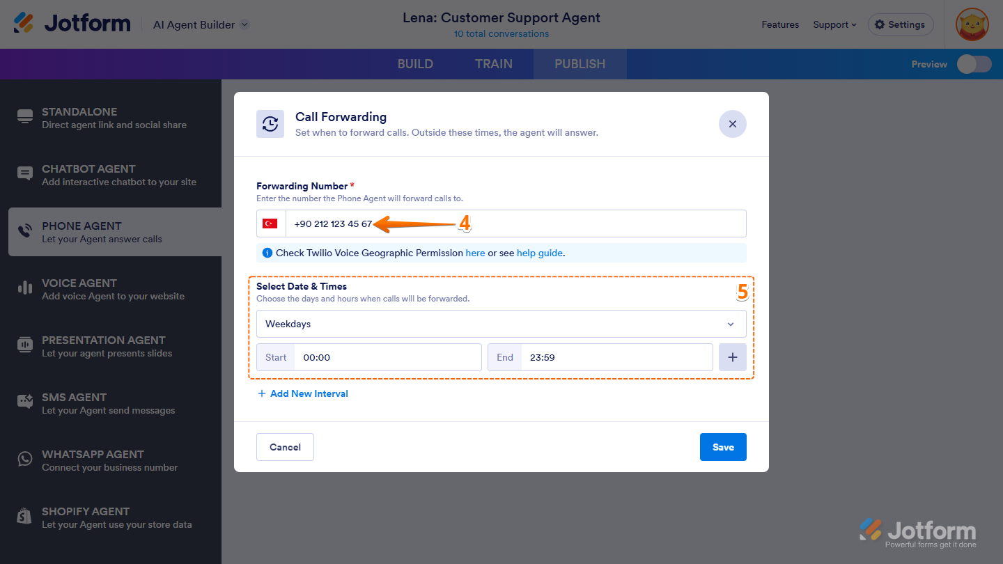 Entering a forwarding number and setting call schedule in the Phone Agent’s Call Forwarding settings in Jotform