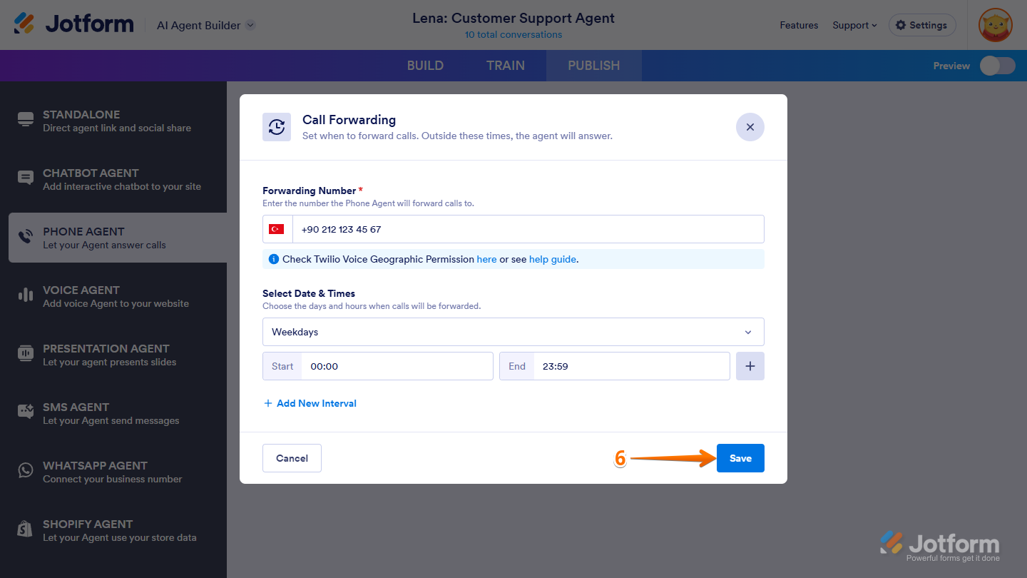 Clicking Save to apply call forwarding settings in Jotform Phone Agent