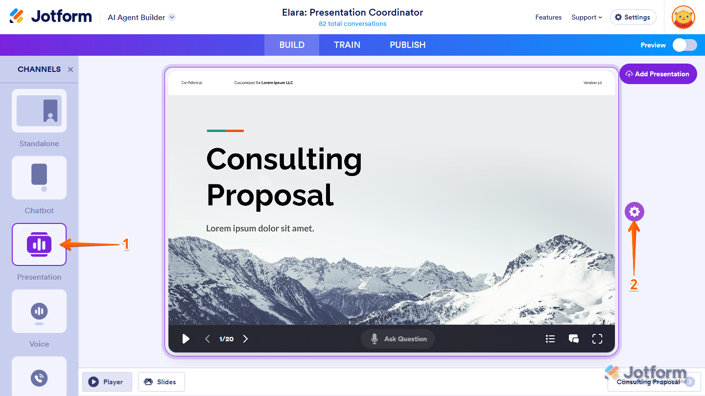 Clicking the Gear icon on the first slide in the Presentation Player page in Jotform AI Agent Builder