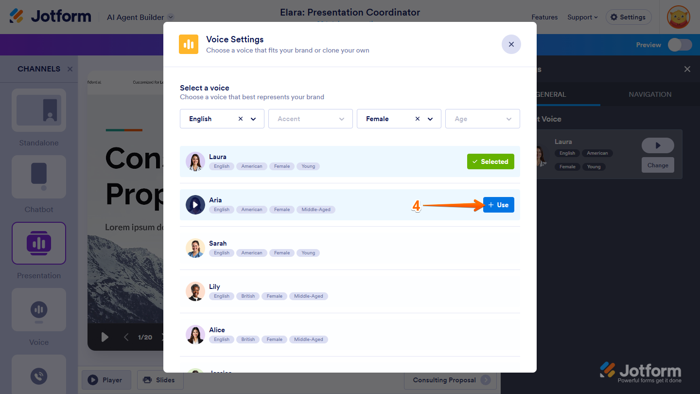 Selecting a voice for your AI Agent by clicking Use in the Voice Settings window in Jotform