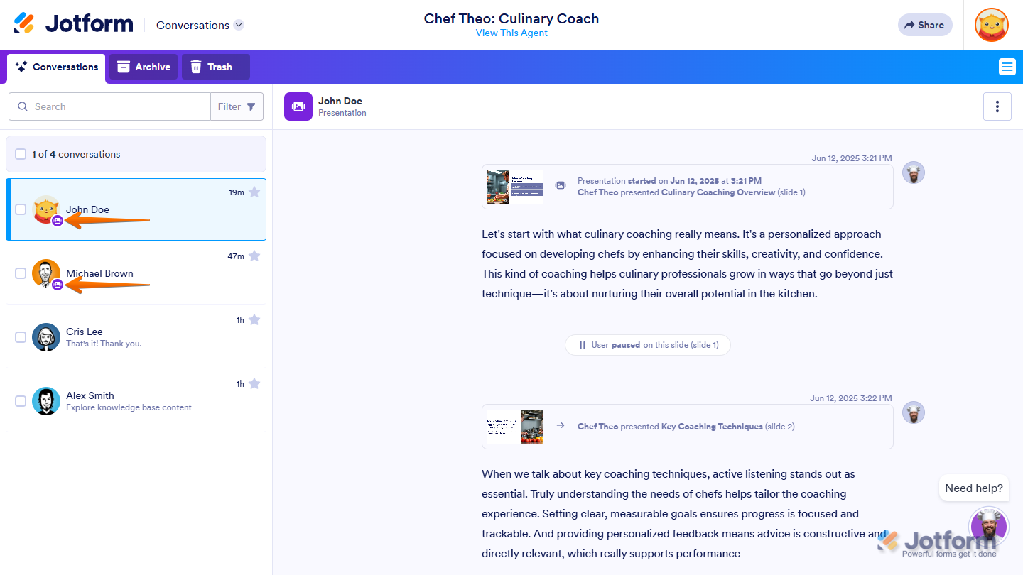 Identifying AI Presentation Agent conversations by the presentation icon in the Jotform Conversations Inbox