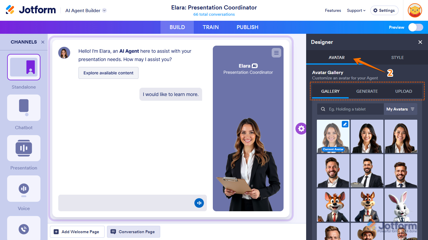 Exploring avatar customization options under Gallery, Generate, and Upload tabs in Jotform AI Agent Builder