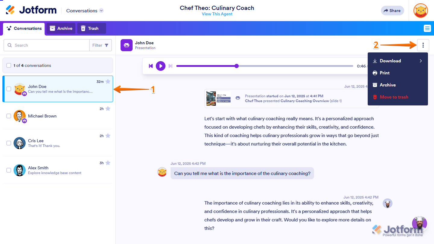Clicking the three dots menu in the top-right corner of a Presentation Agent conversation in Jotform Conversations Inbox