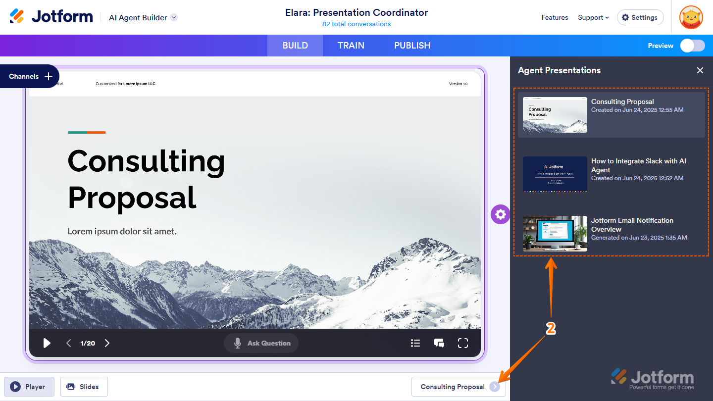 Opening the Agent Presentations menu by clicking the Rightward Arrow icon in Jotform, then selecting a presentation to edit