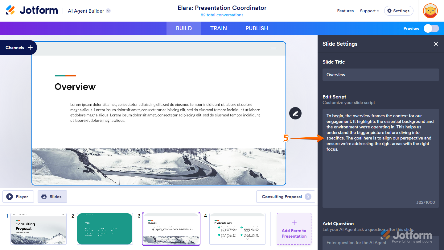 Editing the slide narration script in the Edit Script box under Slide Settings in Jotform
