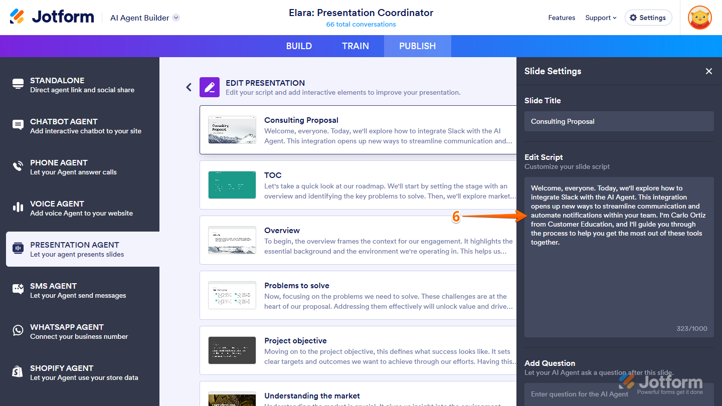 Editing the slide narration in the Script box under Slide Settings in Jotform Presentation Agent