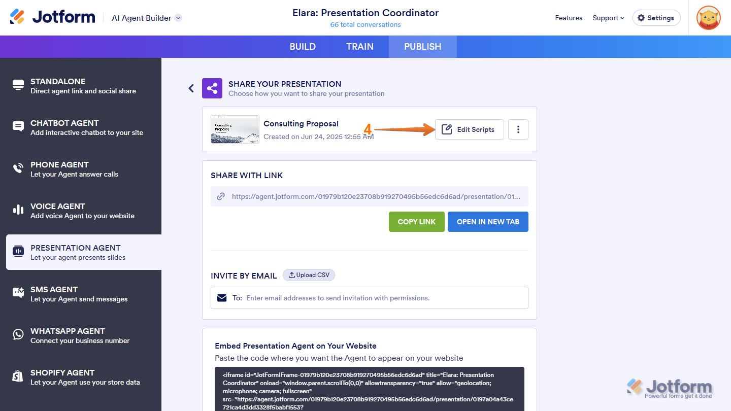 Clicking Edit Scripts in the Share Your Presentation section to customize slide narration in Jotform