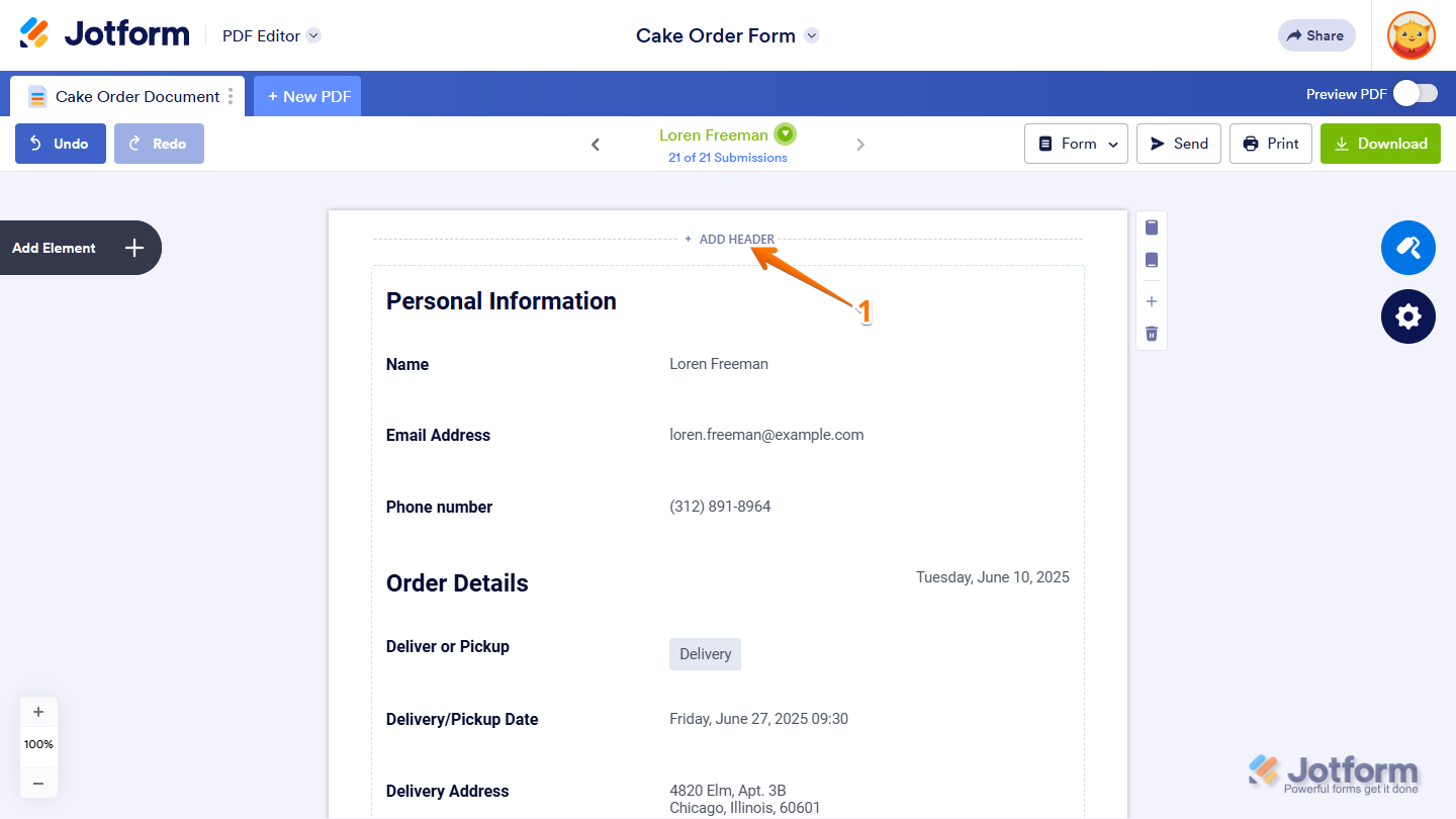 Add Header button on the PDF Document in Jotform PDF Editor