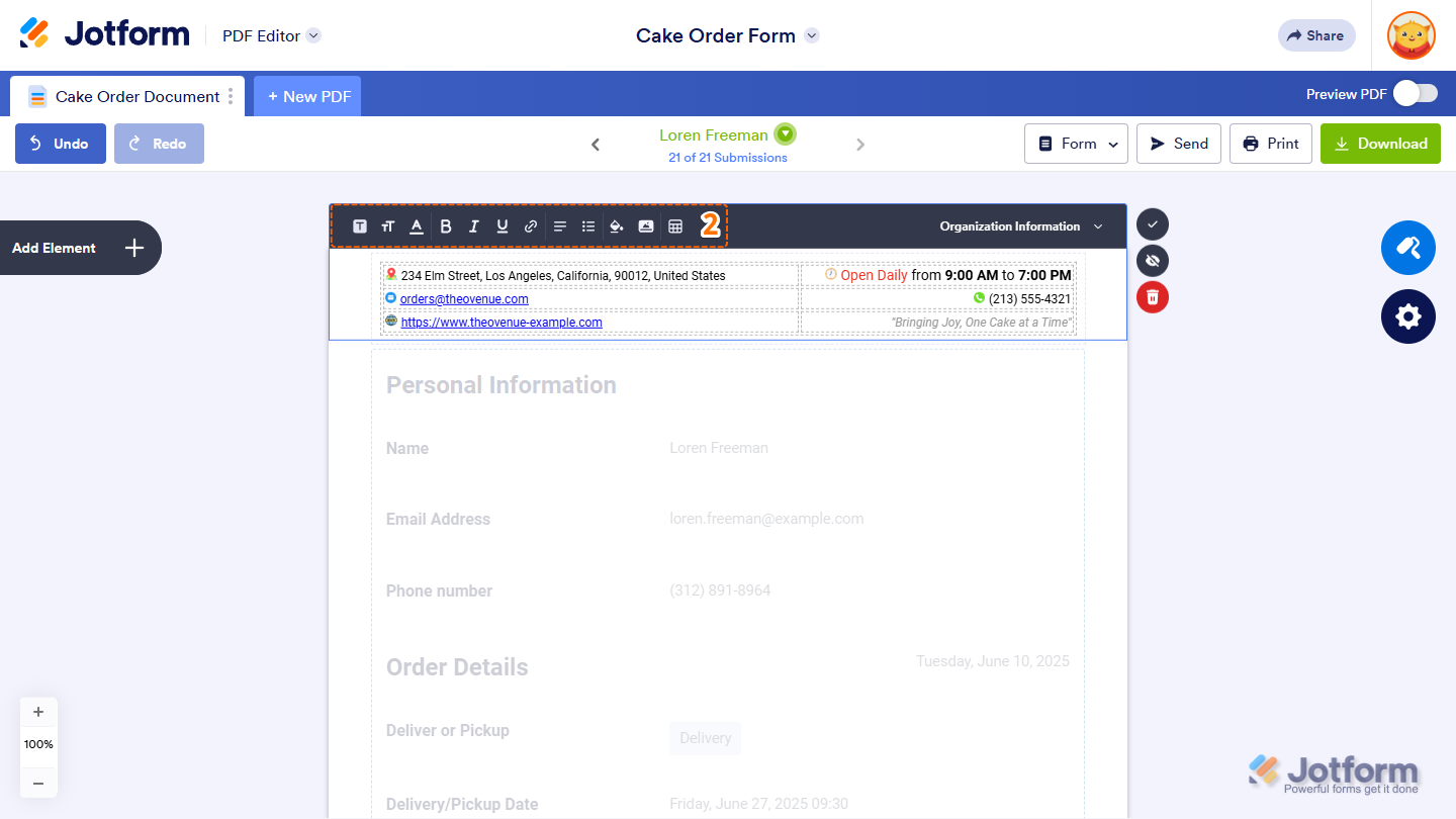 Text Formatting and Rich Media options of the Header Editor section in Jotform PDF Editor