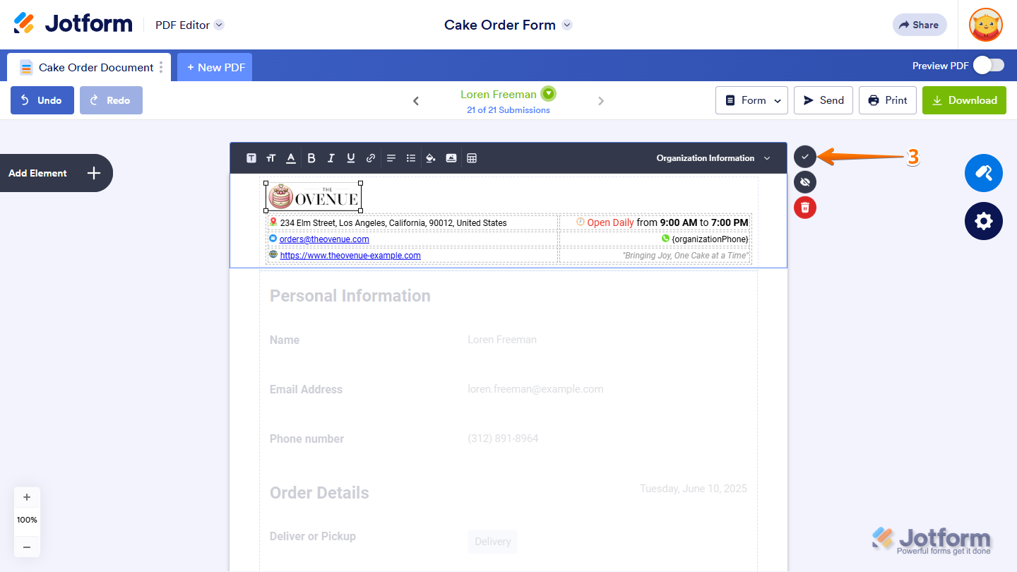 Save button of the Header Editor section in the Jotform PDF Editor