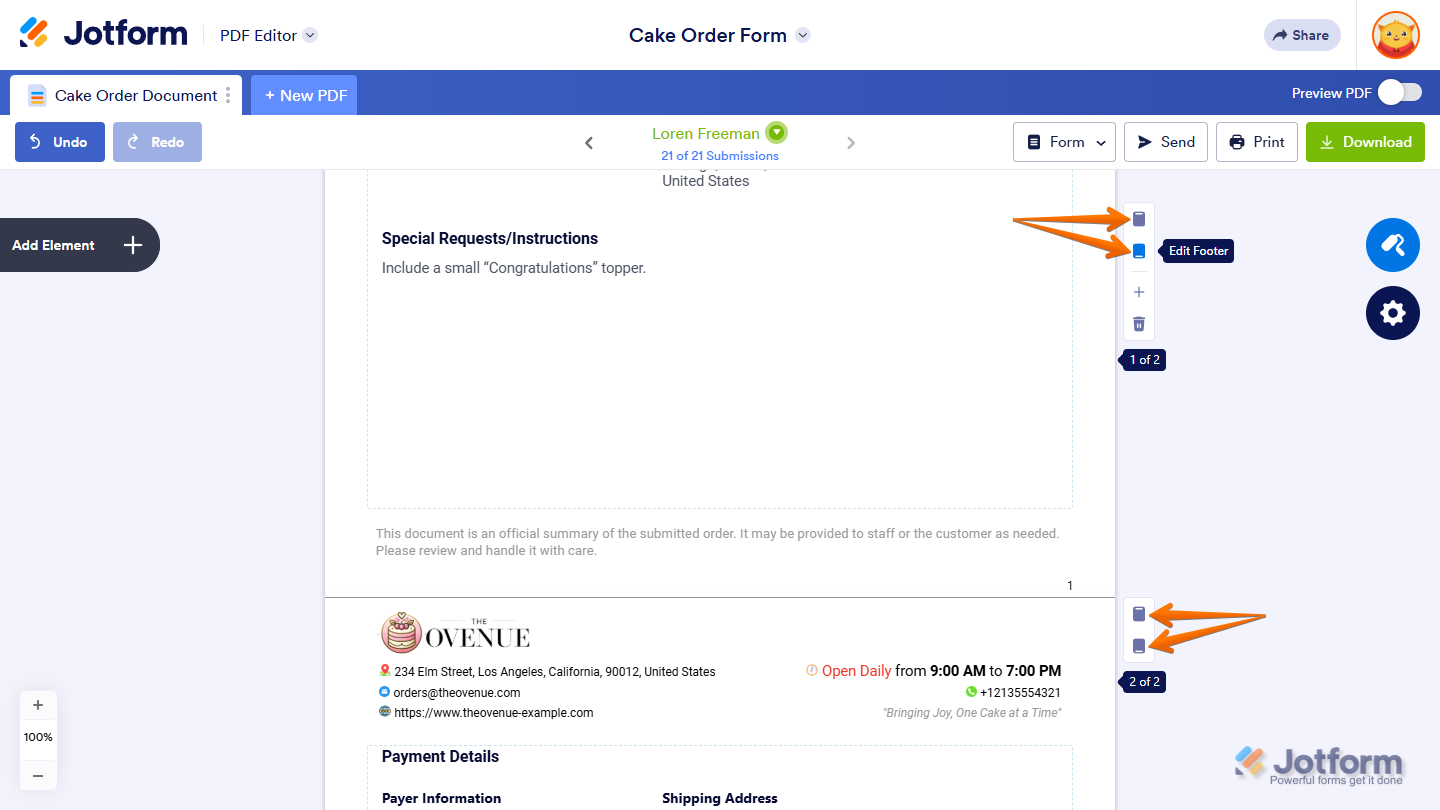 Add/Edit Header and Footer buttons of PDF Document in Jotform PDF Editor