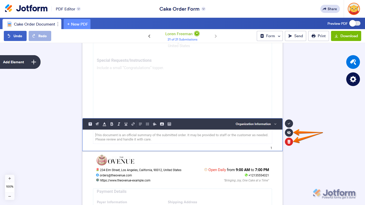 Hide and Delete buttons of the Footer Editor section in Jotform PDF Editor