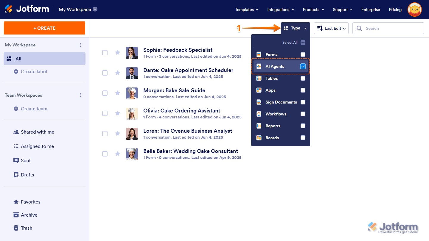 AI Agents option checked in the Type dropdown menu on the Jotform My Workspace page